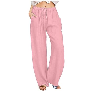 Pantalon de lin à jambes larges pour femmes, pantalon décontracté tendance à taille haute élastique avec cordon de serrage, pantalon-jupe ample avec poches, Moyen