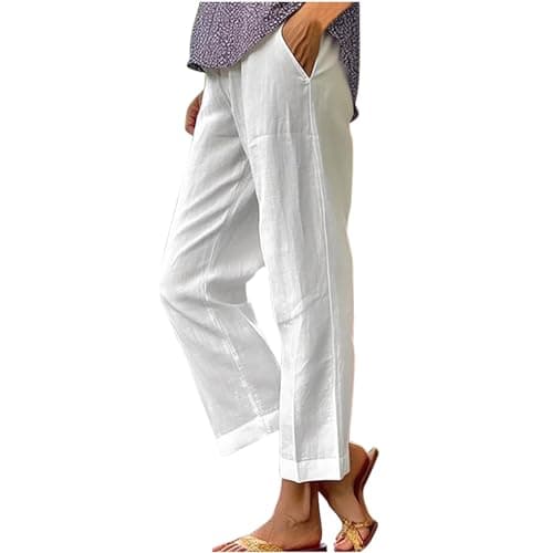 Pantalon Palazzo décontracté en lin pour femme - Coupe droite - Grande taille - Élastique - Taille haute - Léger, C01 Blanc, T-Grand