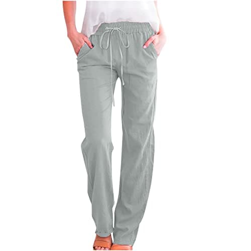 Pantalon en lin décontracté pour femme, coupe décontractée, taille élastique, pantalon tendance à jambe droite avec cordon de serrage avec poches, C02 Vert menthe, 3T-Grand