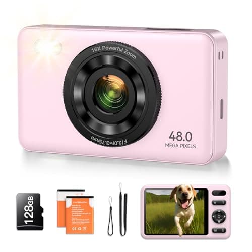 Appareil photo numérique avec carte SD de 128 Go Autofocus 48 MP 2,7 K pour photographie Zoom numérique 16x anti-secousses 2 batteries Appareil photo pour enfants débutants garçons filles adolescents