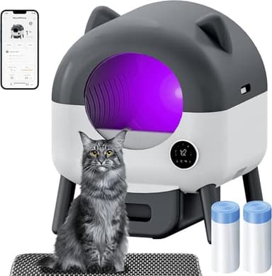 Litière pour chat autonettoyante, extra large, 110 L, contrôle par application, sans odeur, grande litière électrique, design multi-chats, comprend un tapis et 2 sacs poubelle