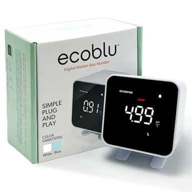 Ecosense EB100 EcoBlu, Détecteur de radon domestique, capture et affichage des résultats toutes les 10 minutes, surveillance continue à court et long terme, facile à utiliser