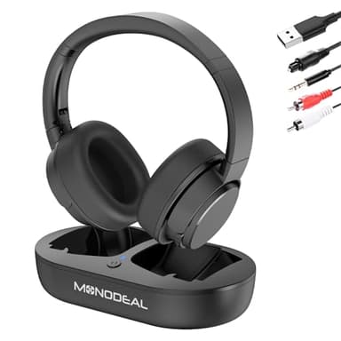 MONODEAL Casque sans fil pour regarder la télévision avec émetteur numérique optique RCA AUX 3,5 mm et station de charge, casque supra-auriculaire pour personnes âgées, 30 heures de lecture, portée de