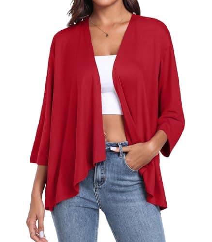 PrinStory Cardigan à manches 3/4 pour femme, cardigan léger et ample ouvert sur le devant, Rouge, Moyen