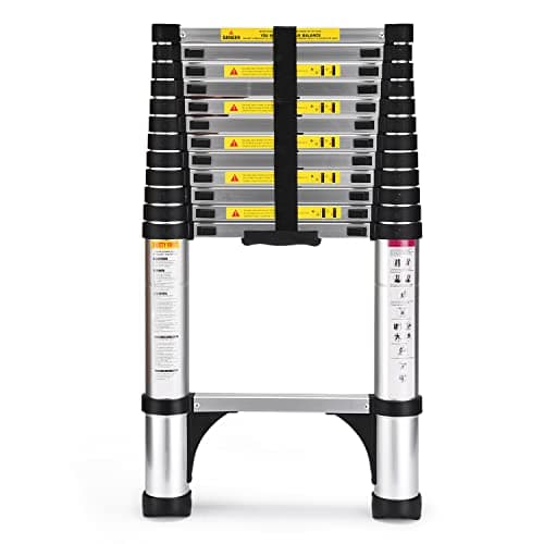 Soctone Échelle télescopique de 3,7 m en aluminium avec stabilisateurs triangulaires, capacité maximale de 150 kg, échelle pliable multifonction pour camping-car ou travail en plein air, noir