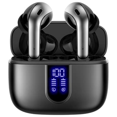 TAGRY Écouteurs Bluetooth sans fil, lecture 60 h, affichage de la puissance LED, écouteurs avec étui de chargement sans fil, étanchéité IPX5, écouteurs intra-auriculaires avec micro pour TV,