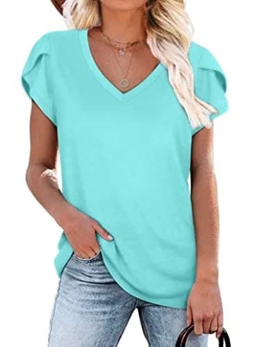 WIHOLL Hauts pour femme - T-shirt basique à col en V - Manches pétales - Élégant et décontracté, Turquoise., Moyen