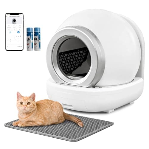 GUNJI Litière autonettoyante, grande litière automatique pour chat pour plusieurs chats, contrôle par application, protection de sécurité, avec 2 rouleaux de sacs à ordures et tapis (blanc)