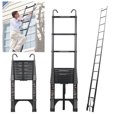 JADDUO Échelle télescopique de 5 m, échelle télescopique en aluminium noir avec pieds antidérapants et crochet stable, échelle extensible portable pour la maison et le travail en extérieur, capacité