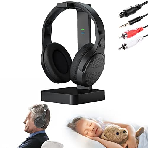 MONODEAL Casque sans fil pour regarder la télévision avec émetteur RCA optique numérique 2,4 GHz RF station de charge, casque supra-auriculaire avec 3 modes audio, portée sans fil de 50 m, 10 heures