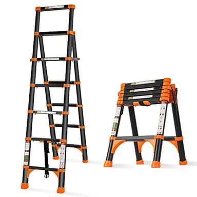 RIKADE Échelle télescopique, échelle télescopique en aluminium avec cadre en A avec 1 bouton de rétractation, échelle extensible portable, échelle pliable réglable et légère pour la maison ou le