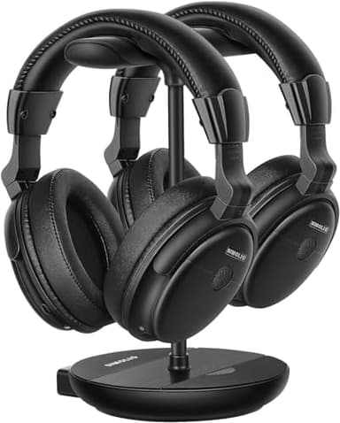 SIMOLIO SM-829D2 Casque double sans fil pour TV pour personnes âgées avec dialogue clair et augmentation du volume, émetteur et support de charge 2 en 1, supra-auriculaire, batterie de rechange, sans