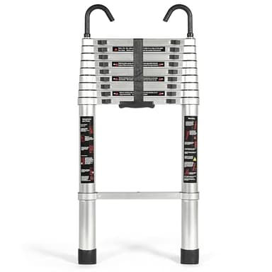 sogesfurniture BHCA-50YKMS-H380 Échelle télescopique extensible en aluminium avec crochets, verrouillage à ressort, nervures antidérapantes, capacité de 150 kg