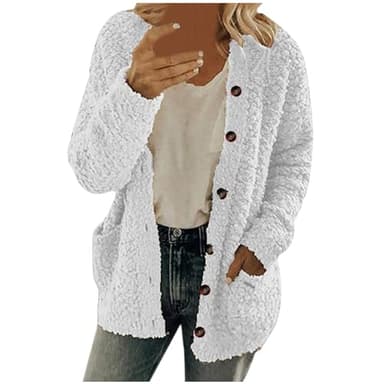 Vestes Sherpa pour femme tendance boutonnées à manches longues en polaire – Cardigan décontracté léger et chaud avec poche, Blanc A10, T-Grand