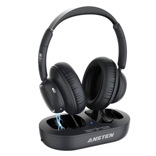 ANSTEN Casque sans fil pour regarder la télévision avec base de charge émetteur universellement compatible, casque TV sans fil pour personnes âgées, casque supra-auriculaire sans délai, 35 heures de