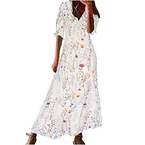 TIMIFIS Robe longue d'été pour femme, robe de plage bohème, manches mi-longues, col en V, robe d'été longue fluide, 05-jaune, Petit
