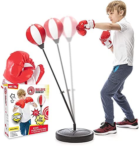 Sac de frappe Whoobli pour enfants, incluant des gants de boxe | Sac de frappe réglable pour enfants de 3 à 8 ans, avec support | Ensemble de sac de boxe pour garçons et filles