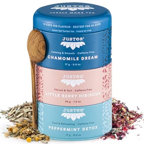JusTea Trio de tisanes | Lot varié de 3 saveurs avec cuillère à thé sculptée à la main | Plus de 45 tasses de thé en vrac | Sans caféine | Prix | Commerce équitable | Sans OGM