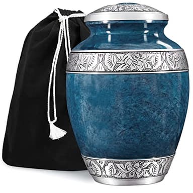 GSM Brands Urne funéraire pour cendres humaines adultes – Grand mémorial funéraire fabriqué à la main avec motif bleu frappant (aluminium, 25,4 cm de haut x 17,8 cm de largeur)