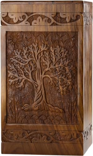 INTAJ Urne funéraire en bois sculpté à la main pour cendres humaines – Design arbre de vie – Capacité de 113,4 kg – Convient pour les hommes et les femmes adultes – Urne funéraire décorative et