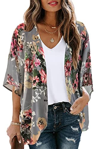 CHICALLURE – Kimono d’été pour femme – Cardigan à motif floral – Cache-maillot de plage de style décontracté, Gris foncé, Grand