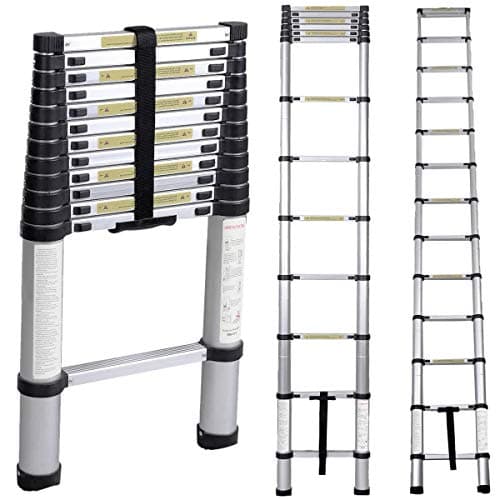 SogesHome NSDCA-JF-001 Échelle télescopique pliable en aluminium 12 marches avec mécanisme de verrouillage à ressort, nervures antidérapantes, capacité de 150 kg, certifiée EN131, 3,8 m