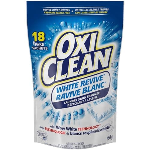 OxiClean White Revive Lot de 18 paquets de détachants enzymatiques efficaces sur la graisse, le sang, les taches de vin et plus encore – Sans danger pour les couleurs, sans chlore