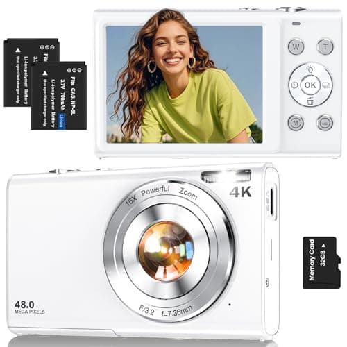Appareil photo numérique, point et prise de vue autofocus 4K avec carte de 32 Go, appareil photo compact portable 48 MP pour adolescents, adultes, débutants avec zoom 16x, anti-tremblement, 2 piles