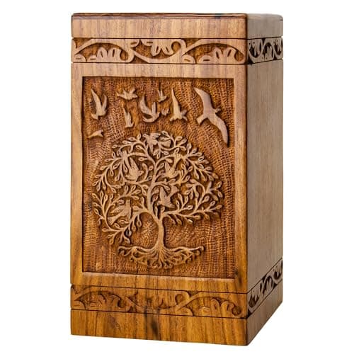 INTAJ Urne funéraire en bois sculpté à la main pour cendres humaines – Design arbre de vie – Capacité de 113,4 kg – Convient aux hommes et aux femmes adultes – Urne funéraire décorative et cercueil –