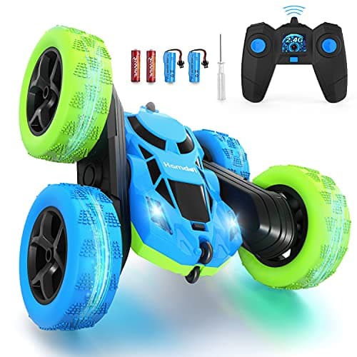 Hamdol Voiture télécommandée double face rotative à 360 ° 4WD RC voitures avec phares 2,4 GHz électrique de course jouet voiture rechargeable pour garçons filles anniversaire bleu et vert