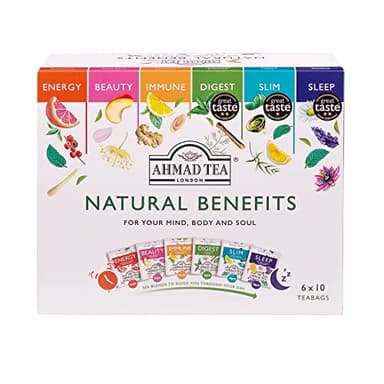 Ahmad Tea Natural Benefit Lot de 60 sachets de tisane fonctionnels | Thés verts, infusions de fruits et de plantes | Cadeau parfait – 60 sachets de thé | 6 mélanges